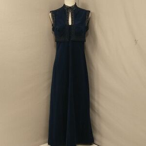 70s Vintage Blue Maxi Dress Soft Velour Crochet Trm Crop Jacket Navy Halter Gown
